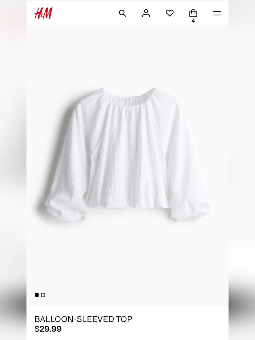 H&M Balloon-Sleeved Cropped White Peasant Top M